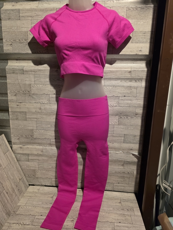 Pants - Fuchsia Pink Two-Piece Crop Top and Leggings Set
